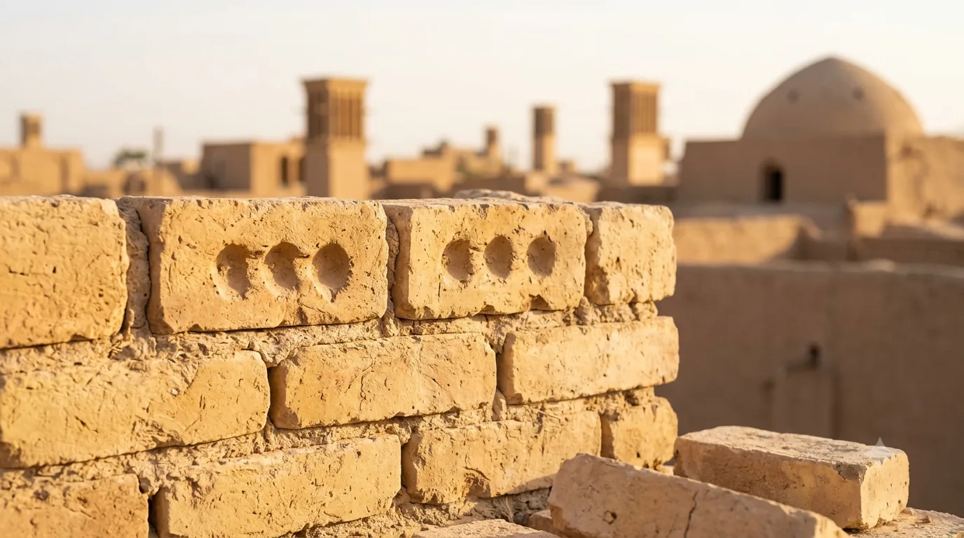 بادگیرها و بامهای کویری یزد در پسزمینهٔ آجر سنتی سهگل